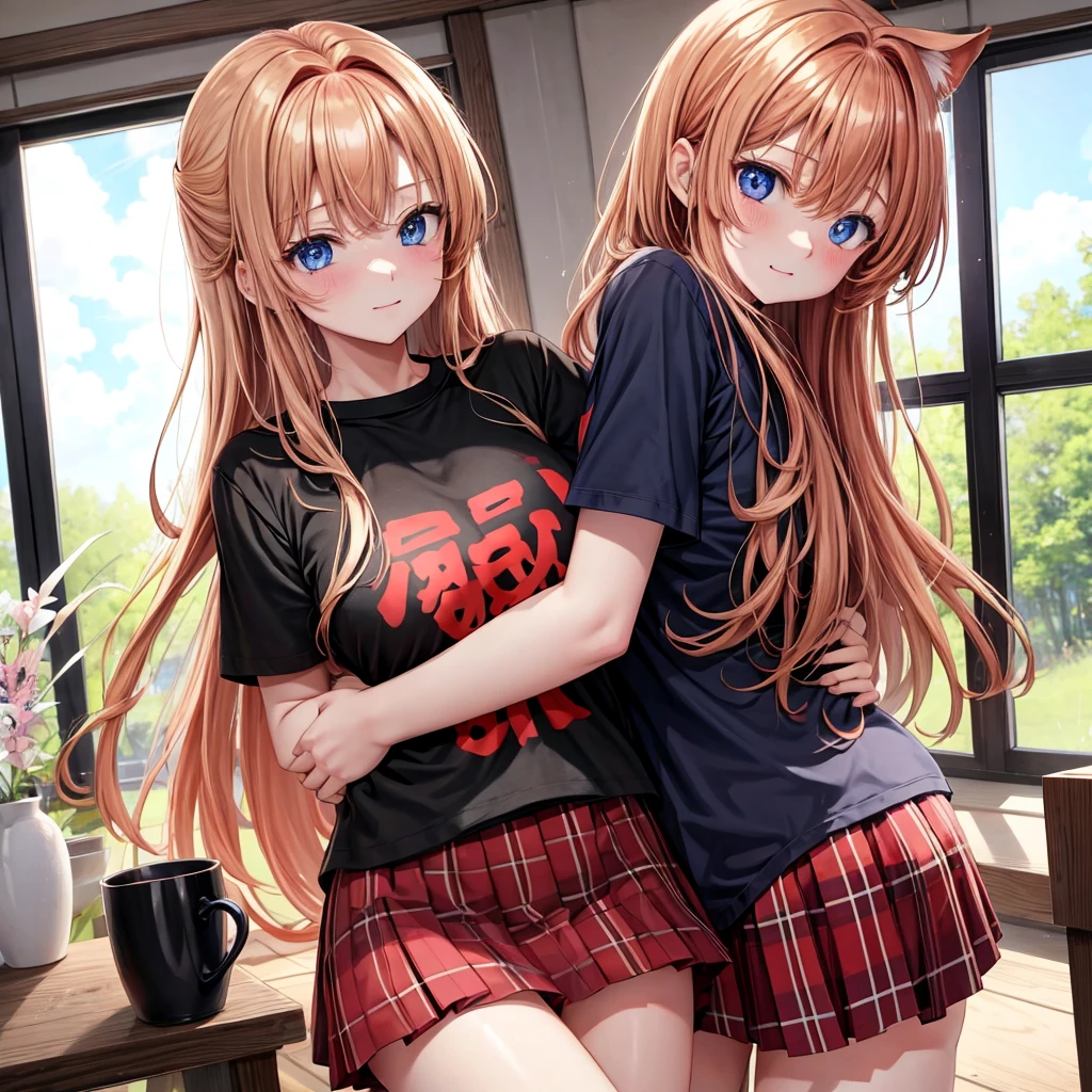 red blonde、blue eyess、one good looking girl、独奏、animesque、Plaid miniskirt、Black T-shirt、the woods、Sunlight、inside in room、Gah、Frolicking、hugging a fan、ah、being sloppy