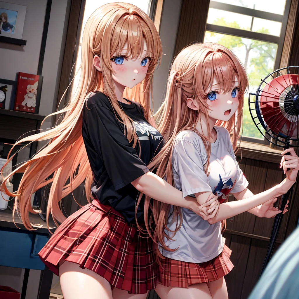 red blonde、blue eyess、one good looking girl、独奏、animesque、Plaid miniskirt、Black T-shirt、the woods、Sunlight、inside in room、Gah、Frolicking、hugging a fan、ah、being sloppy