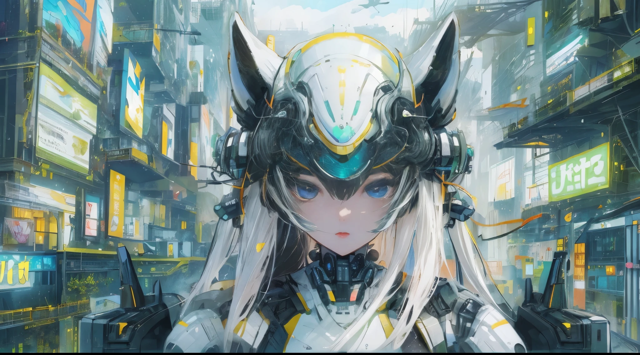 1 Girl, Skin-Tight Body-suite, (Black Body-Suite), Mecha-Cat Ears, ((wearing cybernetic Visor as Eye-Wear)), Gadgets, (bright white utopia city background with lots of Fauna), Japanese scene, fractalized, fractal_body, (Panorama-Shot)