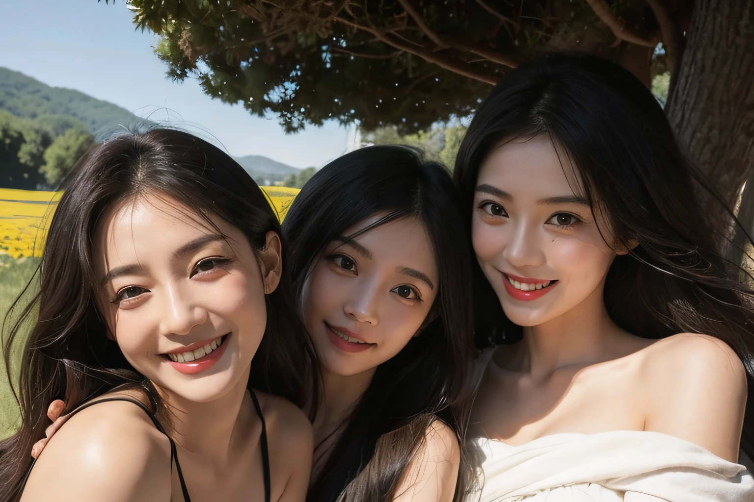 Poussin-style landscape,A smile,,Sweet and seductive appearance.、Caravaggio's paintings、Chiaroscuro of Caravaggio、Hair disheveled in the wind,Two women frolicking,Cute smile, Expression of ecstasy,A sexy,erotick
