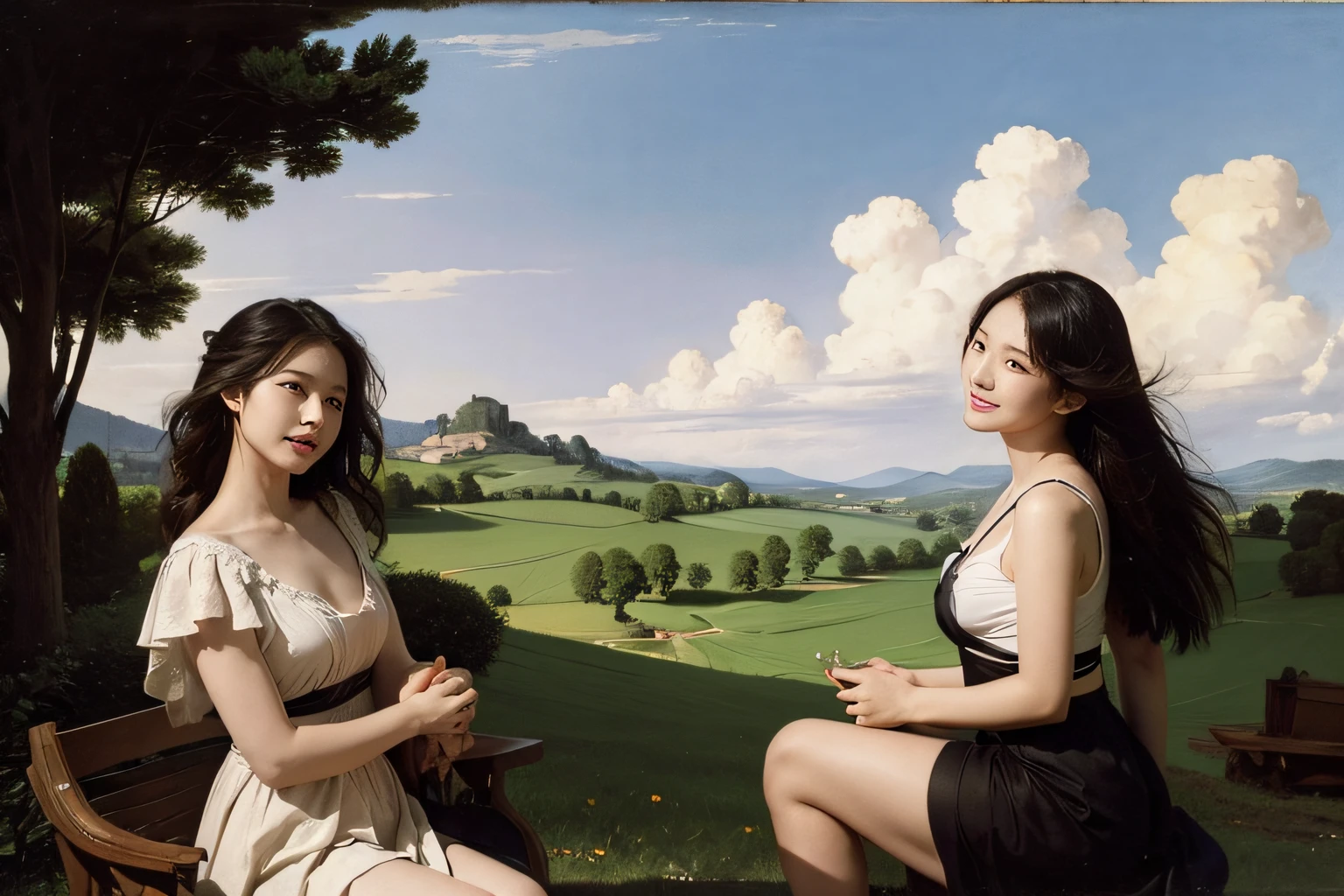 Poussin-style landscape,A smile,,Sweet and seductive appearance.、Caravaggio's paintings、Chiaroscuro of Caravaggio、Hair disheveled in the wind,Two women frolicking,Cute smile, Expression of ecstasy,A sexy,erotick