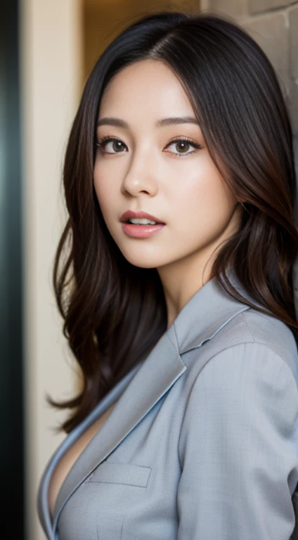 masutepiece, Best Quality, Illustration, Ultra-detailed, finely detail, hight resolution, 8K Wallpaper, Perfect dynamic composition, Beautiful detailed eyes, bright business suit, Natural Lip, Big breasts, Natural hair, Suite Room,