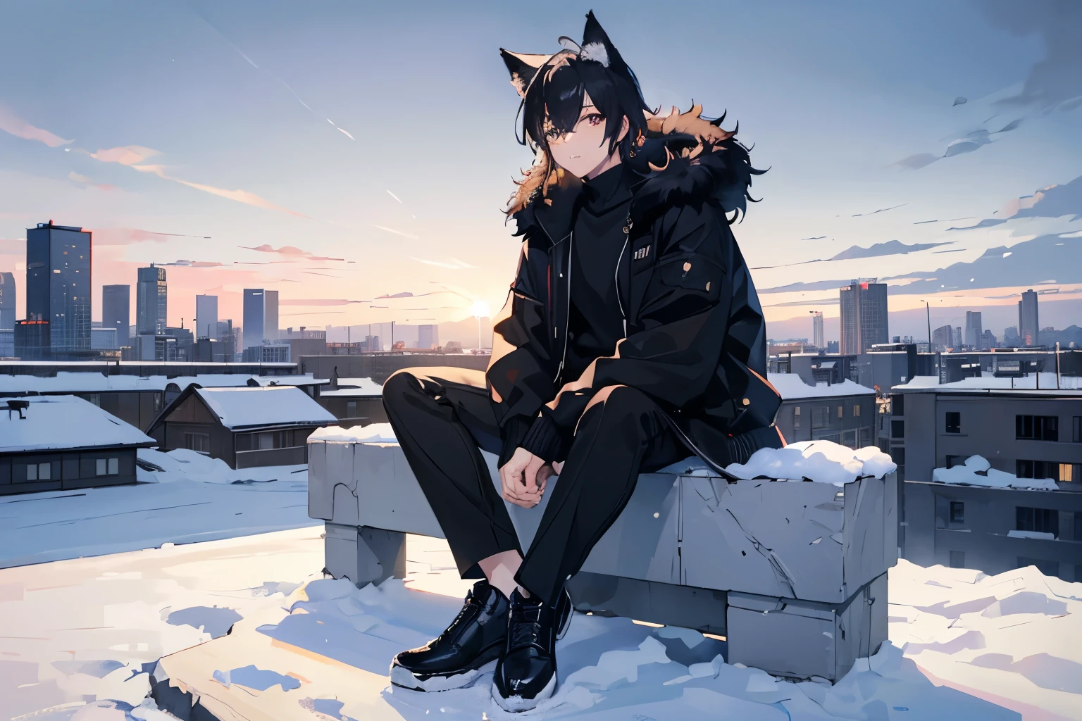 masterpiece, best quality, high quality, perfect anatomi, anime A boy, anime style, black sweater, fur jacket, black hair, wolf ears, snow, background snow, city, white sky, midday, mature male, black pants, looking a head, full body, sitting, sitting on wall, top view,