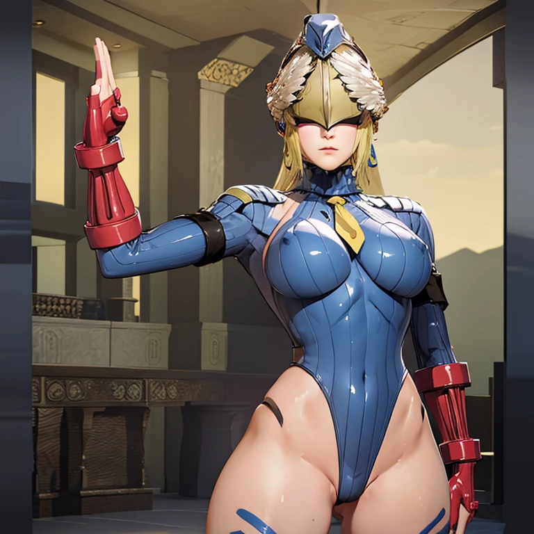 ultra-detailed, Explicit, Beautiful body, Beautiful Nose, Beautiful character design, perfect eyes, perfect face, ultra highres, 4K, beautiful legs, perfect legs, Nice hands, Perfect hand, Masterpiece, Best Quality, Highly detailed, illustration, absurdres, street fighter, doll suit, shadaloo doll, dollsuit, girls, multiple girls, expressionless, blank eyes, looking at viewer, red gloves, emotionless, black latex, corrution, mind control, female combatant, full body, hypnotized, unhappy trance, full body suit, ribbed bodysuit, both arms at side, obey, perfect female body, extremely glossy latex, hypnosis, hypnoLora, empty eyes, Mind control device, poses, submissive_pose, Slave, hat, necktie, stand up straight, standing, standing at attention, hat, necktie, belt, latex, ribbed bodysuit, brown hair, thighhighs, garter belt, Fighting Stance, extending the right arm from the shoulder into the air with a straightened hand, nazi saluting, military, military saluting, salute, thigh boots, Athena, Warriors Orochi, blonde hair, long hair, jewelry, covered eyes, winged helmet, blue earrings