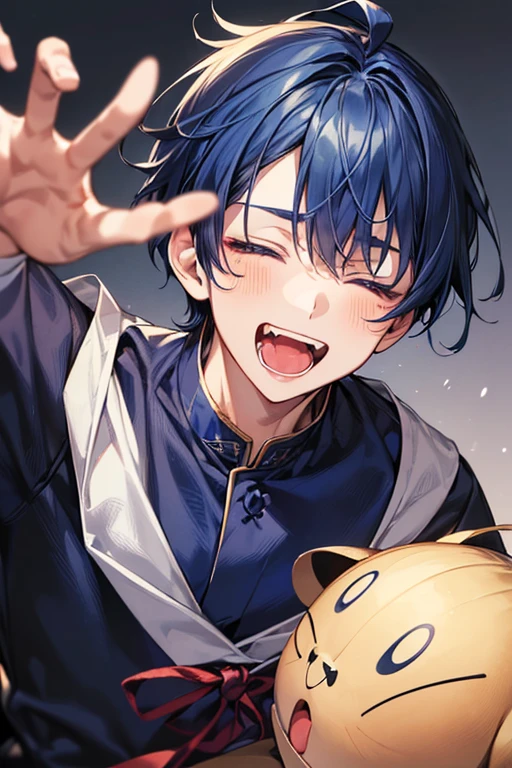 (masutepiece), (Best Quality), Highly detailed, 1 boy, Solo Focus,Perfect face, Beautiful face, extra detailed face,(darkblue hair:1.3),(happily face:1.4),(Open your mouth wide to the maximum:1.4),(close your eyes and laugh:1.3),(校服:1.4),Shooting from an angle