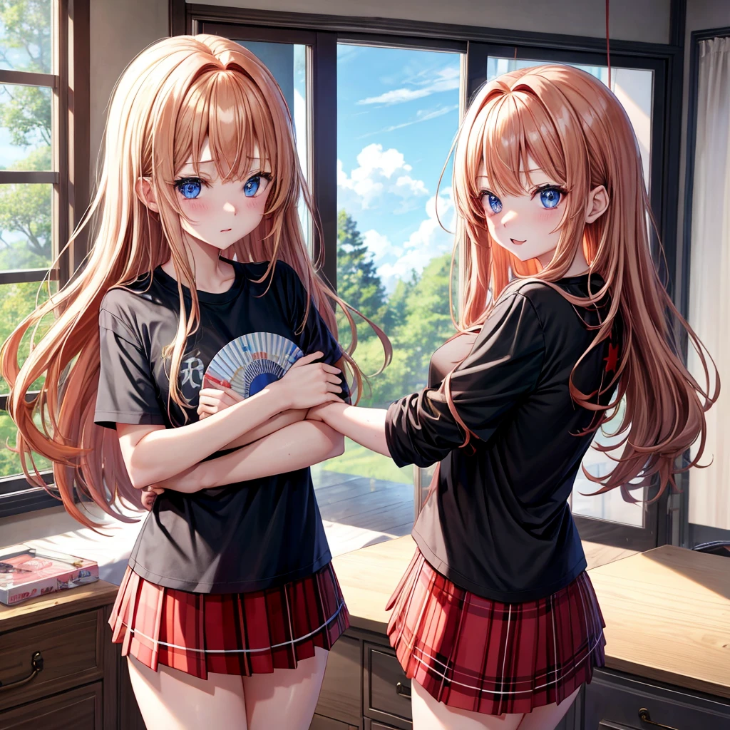 red blonde、blue eyess、one good looking girl、独奏、animesque、Plaid miniskirt、Black T-shirt、the woods、Sunlight、inside in room、Gah、Frolicking、hugging a fan、ah、being sloppy