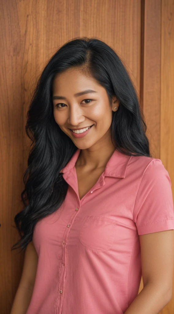 smiling woman with black hair and a red shirt and jeans, south east asian with round face, big smile on her face, indian girl with brown skin, with very thin lips, modern darna-nivanh chanthara-sasha compère-jenna ushkowitz-kimora lee simmons-stephanie beatriz-lucy liu-melissa gorga merged, entire body visible, full body, hyperrealistic, real human skin, best quality, 8K, masterpiece, extremely intricate, detailed eyes, detailed face, detailed body, exaggerated features, pronounced features, fujifilm, thin physique, cute face, girl next door