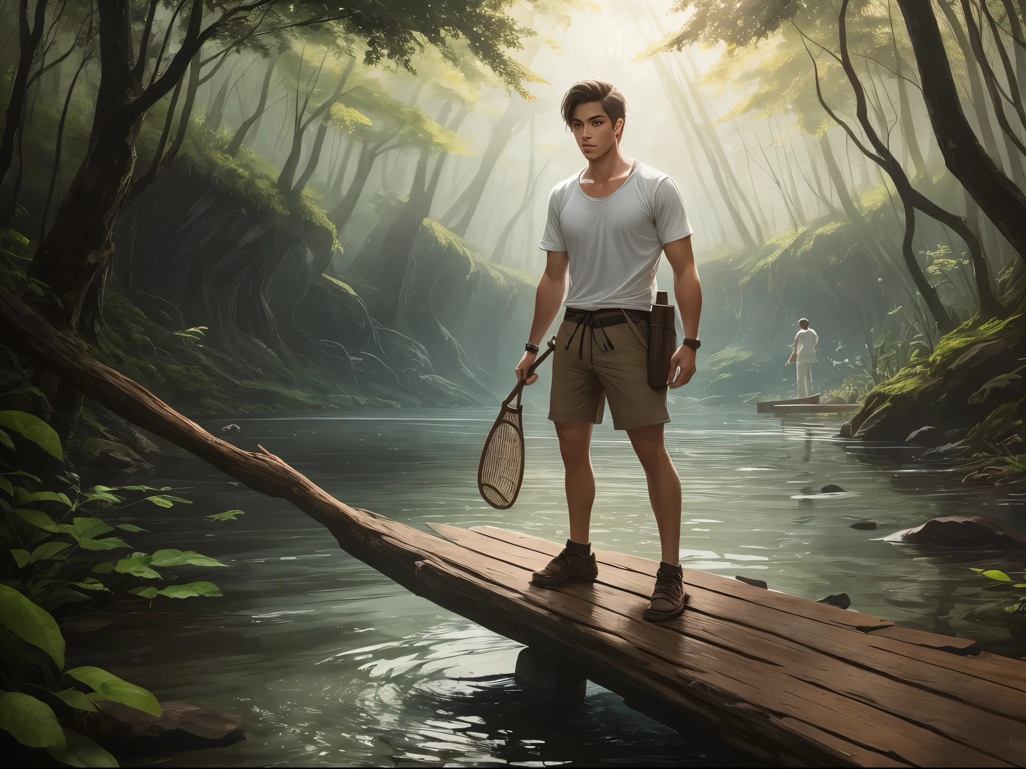 A beautiful young man in a white T-shirt, holding a net, stands on a log in the middle of the lake.collects fish with his hands, lots of details,close-up, Greg Rutkowski style,dim light --auto --s2