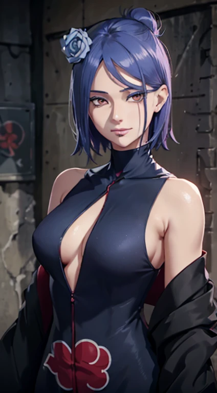 (8k,RAW photoest qualtiy),(tmasterpiece),(realisticlying,)(Photorealistic and realistic),(A high resolution),hyper-detailing,(hentail realism:1.1),beauitful face,
(1female:1.1),female pervert,(looki at viewer),cowboy lens,japanes,
Xiaonan\(Naruto\),(AKATSUKI OUTFIT:1.1),La Brett piercing,cleavage,Off-the-shoulder attire,ssmile,Be red in the face,Upper body photo
Dark blue hair,
profesional lighting、photon maping、physically-based renderingt、
Dark theme,