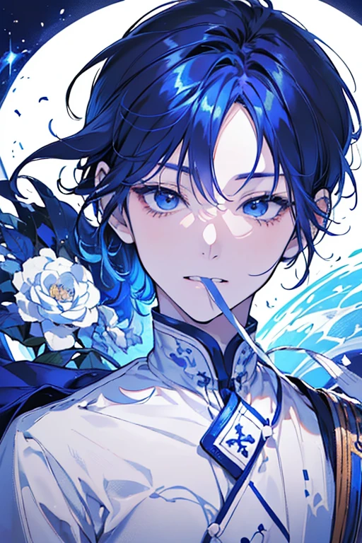 (masutepiece), (Best Quality), Highly detailed, 1 boy, Solo Focus,Perfect face, Beautiful face, extra detailed face,(darkblue hair:1.3),(happily face:1.4),(Open your mouth wide to the maximum:1.4),(close your eyes and laugh:1.3),(white clothes:1.4),happy