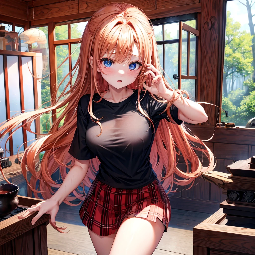 red blonde、blue eyess、one good looking girl、独奏、animesque、Plaid miniskirt、Black T-shirt、the woods、Sunlight、inside in room、Gah、Frolicking、hugging a fan、ah、being sloppy