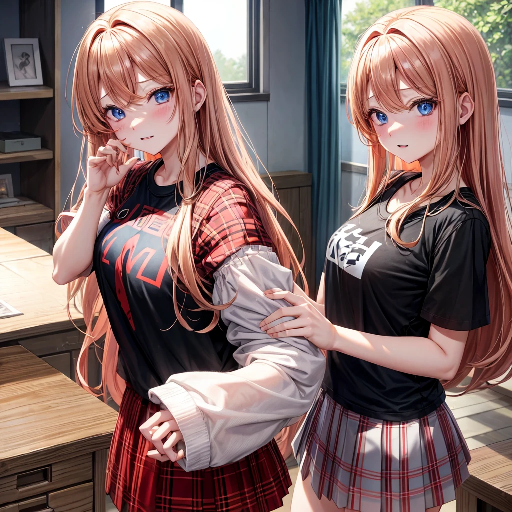 red blonde、blue eyess、one good looking girl、独奏、animesque、Plaid miniskirt、Black T-shirt、the woods、Sunlight、inside in room、Gah、Frolicking、hugging a fan、ah、being sloppy