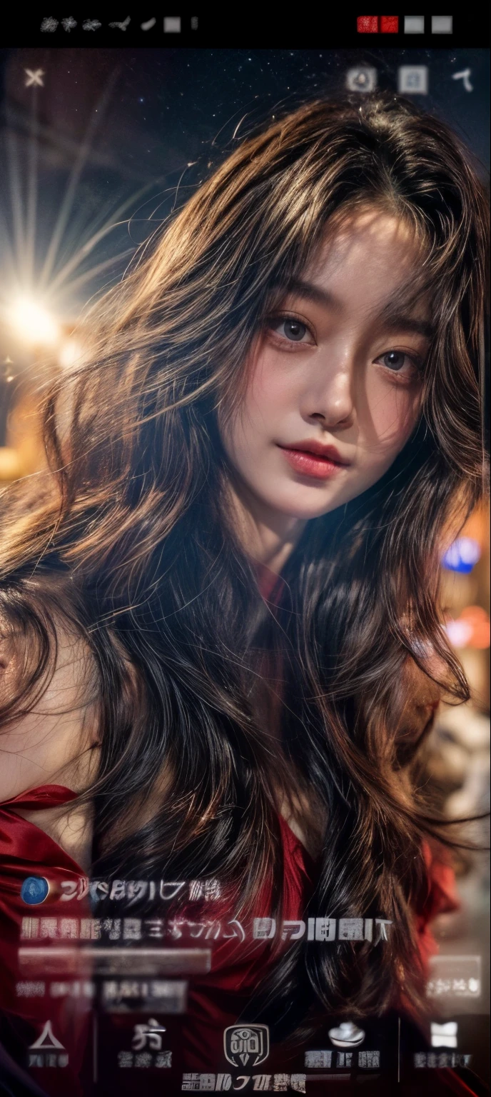 masterpiece、8K、32K、top-quality、(A detailed eye)、(A cute Japanese woman、bangss)、23years old、1 girl in、elegent、(Detailed background depiction、portlate:1.2)、(Starry sky)、moonlights、RED dress、ssmile