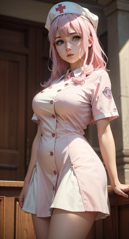 Mature Female, Pink Hair, wearing a nurse outfit, wearing stockings with floral pattern and beautiful garter belts, Sitting, crossed legs, huge breasts, Blushing, Smiling, Looking at Viewer