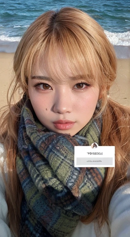 Korean woman with a scarf around her neck, e cabelos loiros claros, Parque Roseanne do Blackpink, Jinyoung Canela, Ulzzang, Kim Doyoung, Lalisa Manoban do Blackpink, Rosto com ArtGram, Lalisa Manobal, Retrato de Jossi de Blackpink, Dom Yunjoo, Fotografia selfie 8k, foto de perfil headshot