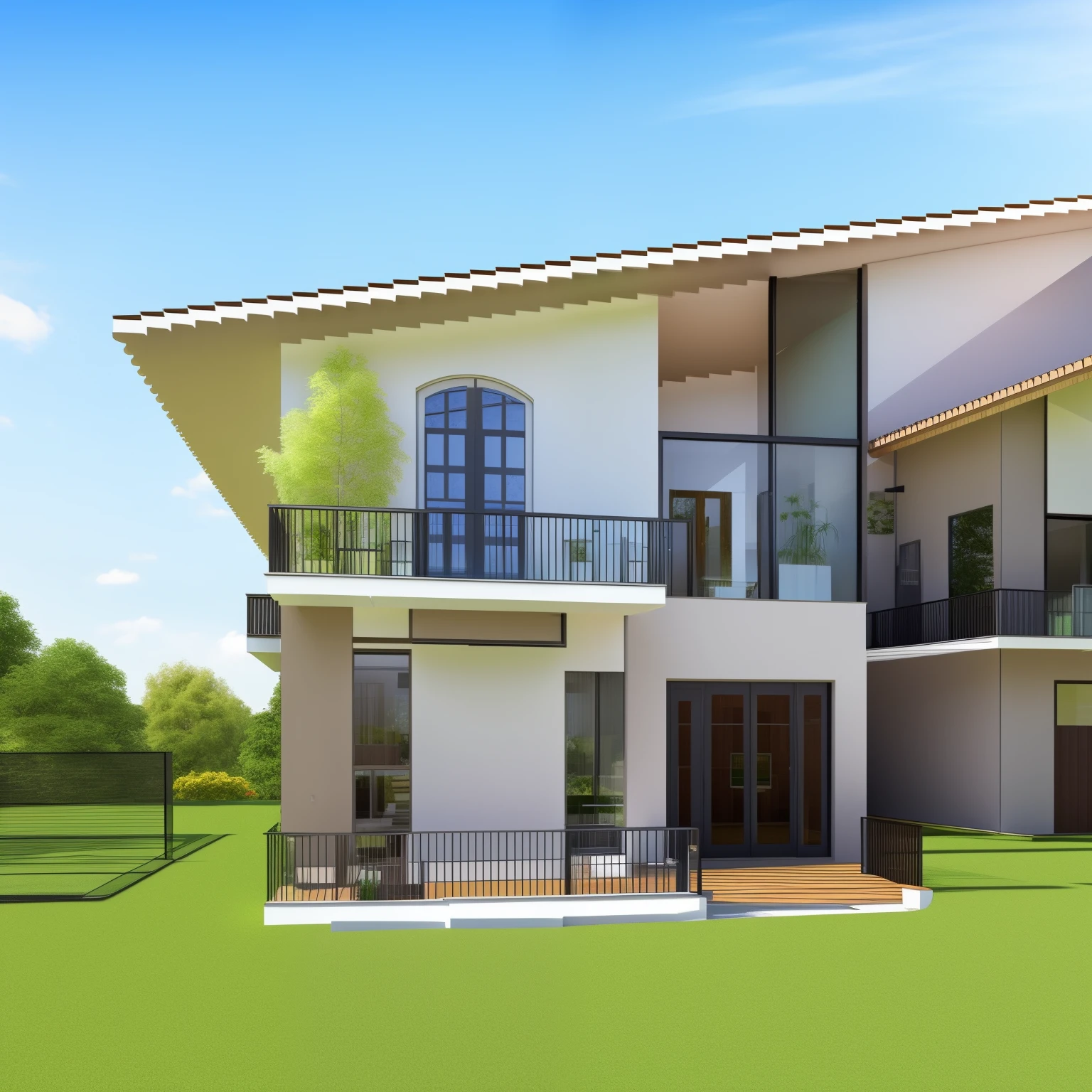 house drawing with balcony, green space, with wooden roof, modern house architecture, white brick walls and swimming pool, garage on the right and tennis court on the left, beutiful day