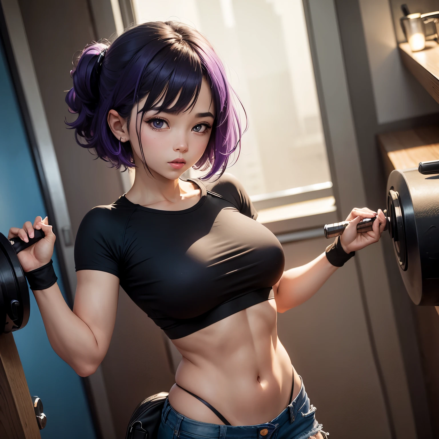 Squatting!、dynamic poses、legs spread out、eye glasses、dark skin、Shiny oiled skin, beautyful girl、Breast Medium, perfect erect nipples, (light smile:1.07),cyberpunk、Sleeve less、((Shiny colorful beach volleyball miniature micro costume legs 1.8, high legs))、(magazine:1.3), (cover - stile:1.3),(Dripping wet body:1.15) (FULL BODY SHOT)、((masterpiece))、 super fine face and eyes,Colorful Korean Idol Hairstyles,Look at viewers、