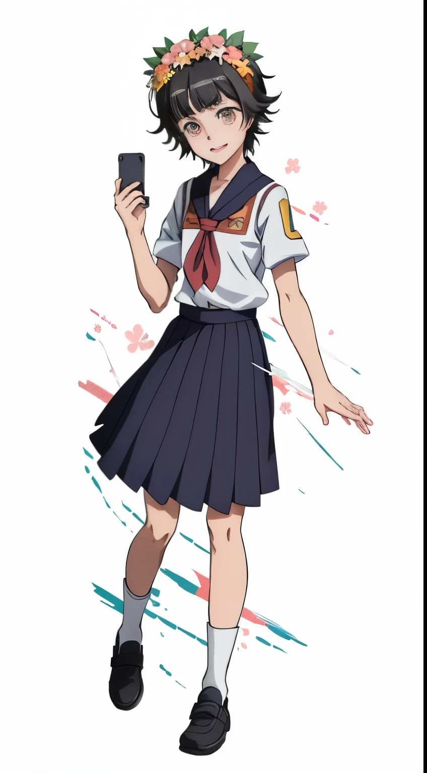 a girl in a school uniform holding a cell phone, tsubasa nakai's style, as an anime character, hinata hyuga, junko enoshima, aya takano color style, rei hiroe, anime girl named lucy, yandere. tall, yayoi kasuma, anime visual of a cute girl, official art, anime full body illustration,Uiharu Kazari,A girl with short black hair and hazel eyes，Although her eyebrows are relatively thick, the flowers on her head are her most striking feature。****-shaped girls usually wear school uniforms in early spring，Wearing a red scarf matching the school uniform on her chest,with short black hair,Uiharu Kazari,A girl with short black hair and hazel eyes，Although her eyebrows are relatively thick, the flowers on her head are her most striking feature。****-shaped girls usually wear school uniforms in early spring，Wearing a red scarf matching the school uniform on her chest,with short black hair,with short black hair,Uiharu Kazari,