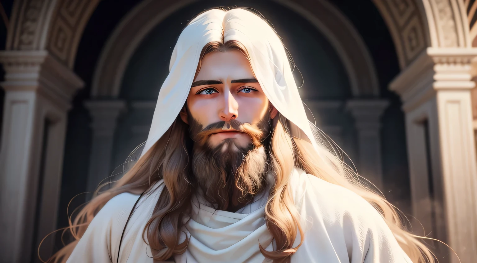 Glorious Jesus Christ facing the camera with a shy smile and delicate gaze, white clothes, The long-haired, blue eyes, Medium beard, high quality photograph, high detail photo