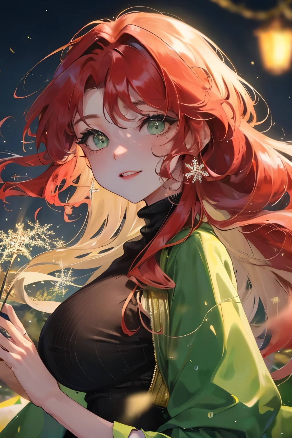 ((​masterpiece,hight resolution,8K picture quality,top-quality)),1womanl,((extra detailed face)),Delicate eyes,((Eyes are green)),((hairstyle on:Wavy long hair,strong wavy hair,redhair)),snowflakes falling,Christmas tree,look up at the tree,illumination night,City of Illuminations,City lit up,lensflare,Dramatic makeup,Natural complexion,huge tit,a smile,sexy lip,dark brown turtleneck knit,Green coat,