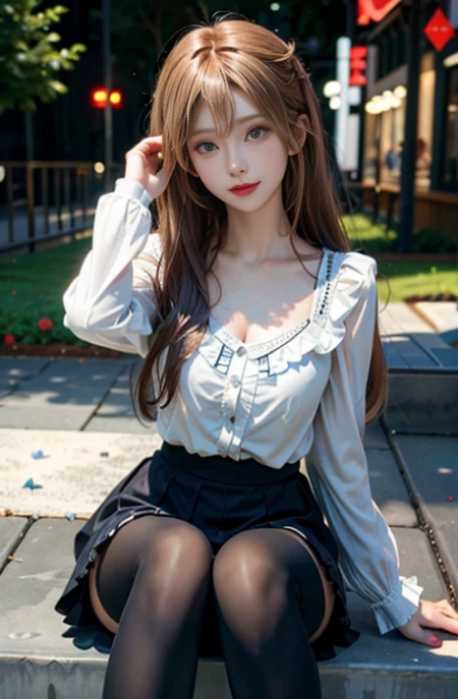 (1 Girl:1.3), Sexy pose, slim, (Reality:1.4), (masterpiece, Top quality, best quality, Official Art), Extremely detailed, The most detailed, (Extremely detailed), ((Extremely delicate and beautiful)), light, (Realistically:1.3), (High Detail Skin:1.2), high resolution, 8K UHD, 4K, 8K, Bokeh, Digital SLR Camera, , The best ratio of four fingers and one thumb, In a park with trees,Sitting on a bench、Spread your legs:1.3, ((Silky long hair)), (Brown hair), (Bun hairstyle), Tears, Pretty Face, Perfect face, highly detailed Pretty Face, Lovely, Shy,blush, Dynamic Angle, from above,Looking at the audience, Wearing brown sweater,Short skirt,Underwear can be seen from inside the skirt,B can be seen from inside the skirt