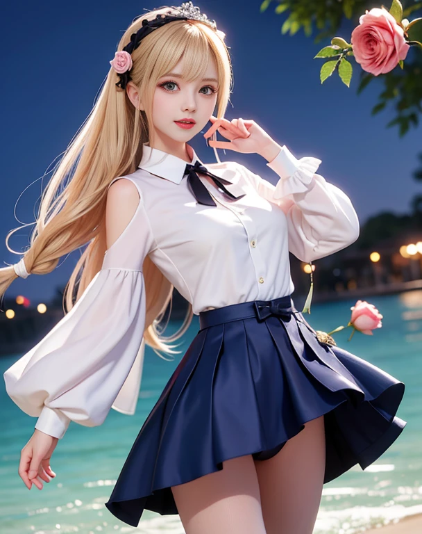 masutepiece, Best Quality,  absurderes, Looking at Viewer, Solo, Rita Rothweisse (A Summer Night's Dream), Rita Rothweisse, Shirt, pantyhose, Red Rose, Blue eyes, Blonde hair, Long sleeves, Mole under the eyes, (Hair over one eye),  frilled Shirt, white Shirt,  Seductive smile,  (ulzzang-6500:0.8), Long hair, day, outdoors  black pantyhose