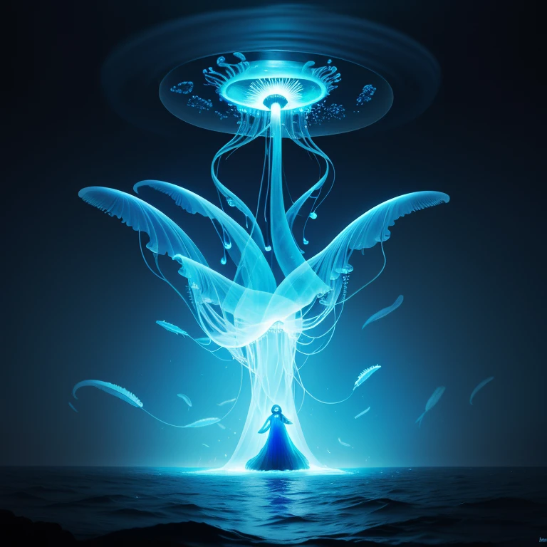 surrealism,blue jellyfish, bioluminescence,let there be light, halo