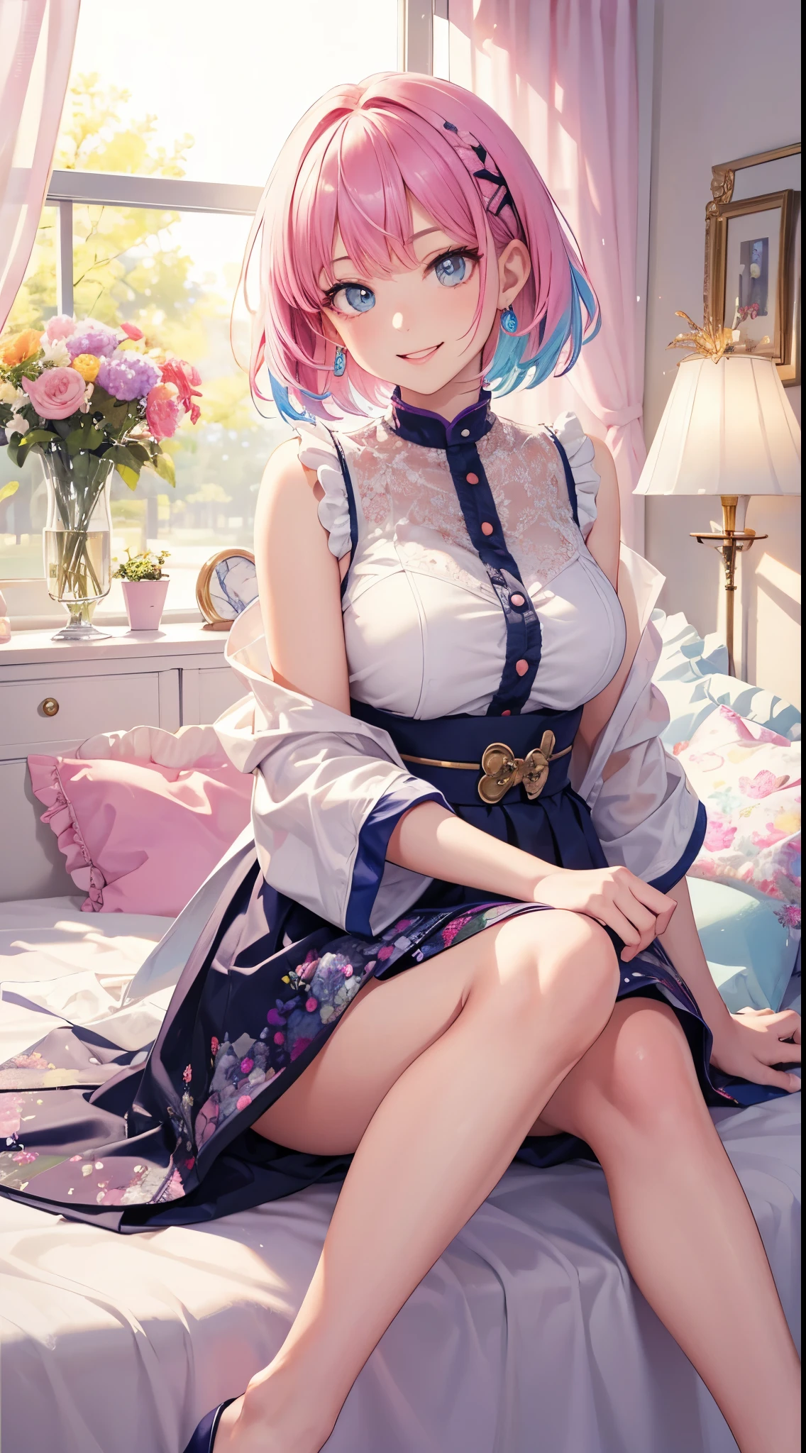 master piece,best quality, Solo lady,24 year old, beautiful eyes,cute, sitting,Mouth wide open,huge smile,girl's own room,colorful fashion,detailed clothes,colorful fashion部屋, short hair, flipped hair,colourful hair
