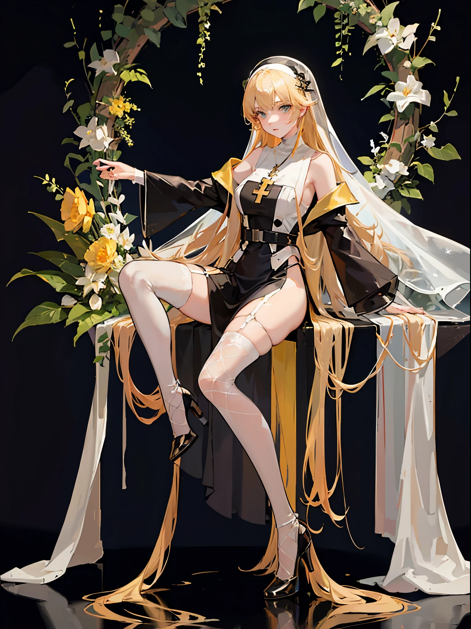 full body shot shot,portrait,solo person,a beauty girl,Hair over the shoulder,Whitish skin tone,lewd nun,Yellow-haired,Ten fingers interlocked,a garter belt,Veil,Fishnet stockings,high heels boots,Monastic uniforms,Cross necklace,side slit dress,V-shaped dress,long  skirt