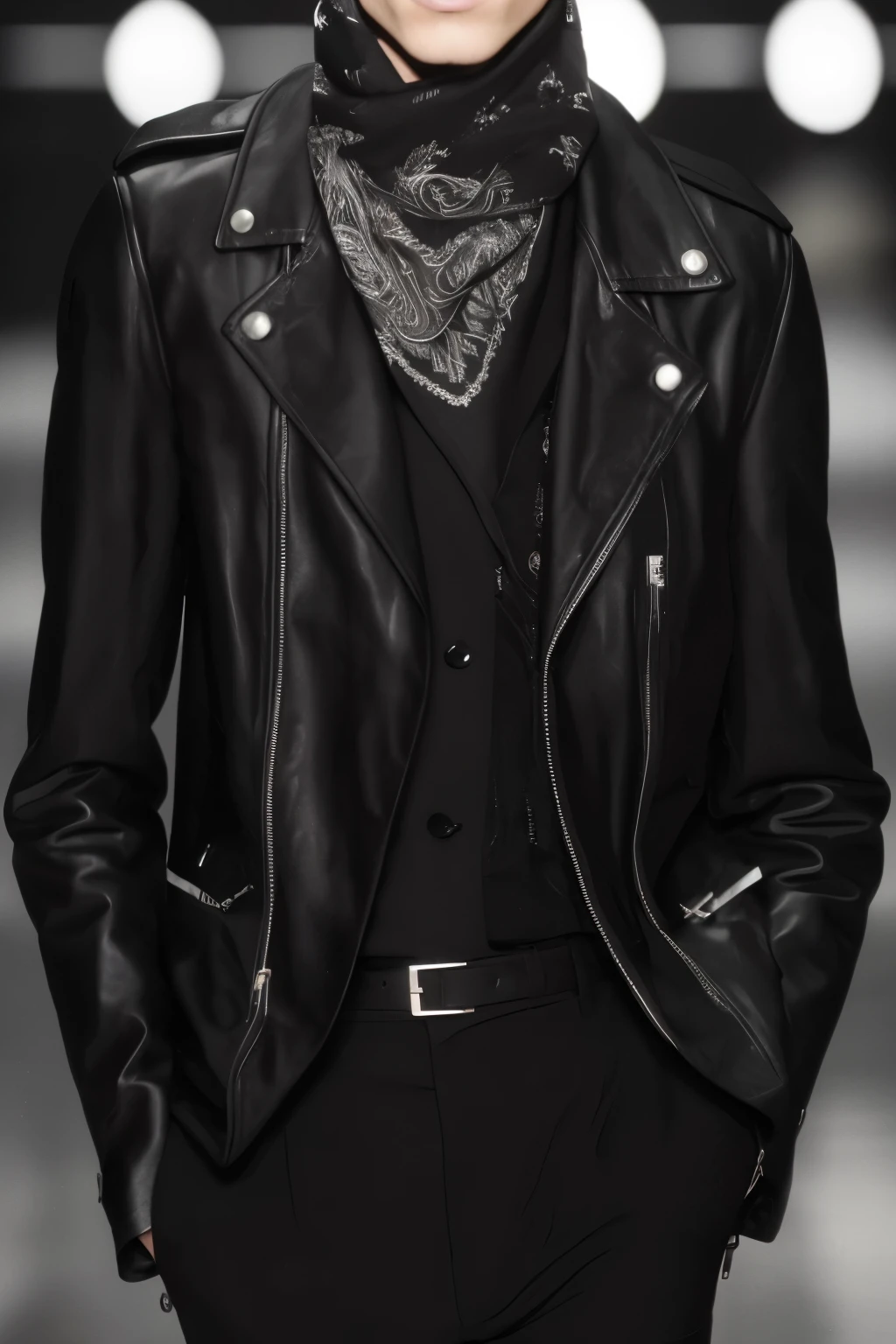 a man in a black jacket and black pants walking down a catwalk, hedi slimane, couro jackets, couro, couro clothes, couro clothing, olhar, black couro jacket, couro jacket, black couro garment, wearing couro jacket, wearing a couro jacket, black couro, very aesthetic couro jacket, wearing a black couro jacket, black couro slim clothes, wearing couro