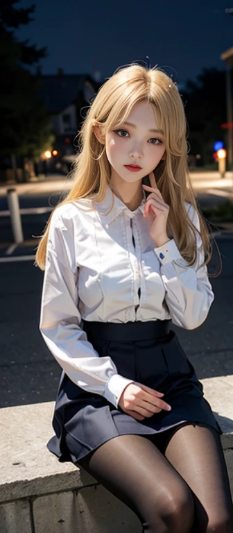 masutepiece, Best Quality, absurderes, Looking at Viewer, Solo, Rita Rothweisse (A Summer Night's Dream), Rita Rothweisse, Shirt, pantyhose, Red Rose, Blue eyes, Blonde hair, Long sleeves, Mole under the eyes, (Hair over one eye), frilled Shirt, white Shirt, Seductive smile, (ulzzang-6500:0.8), Long hair, day, outdoors black pantyhose