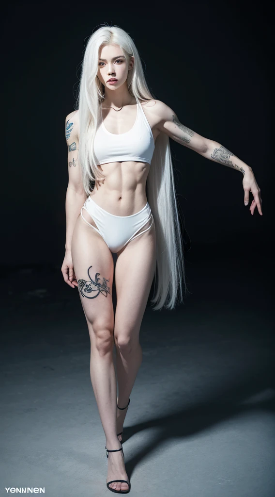 A bodybuilder standing, solo, full body tattoo, pale skin, muscular body, long white hair, super detailed, 8k
