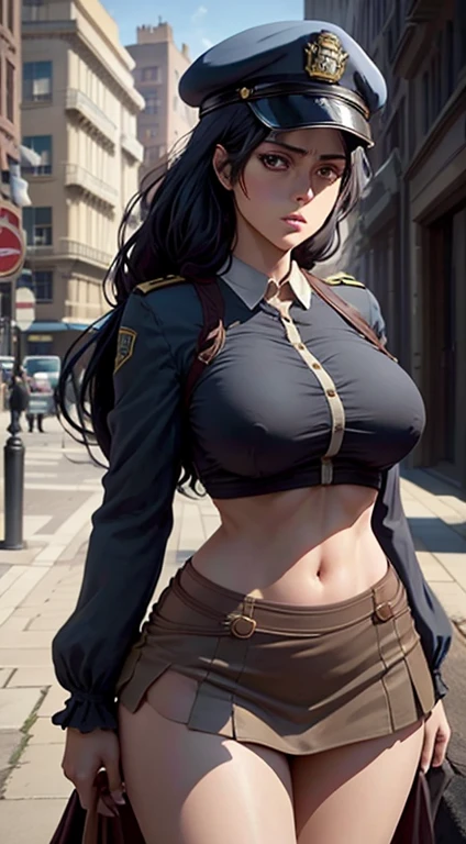 Long black hair, police dress, massive sized boobs, thigh legs, police cap on her head,short police skirt, standing,blue colour eyes,ultra realistic detailed blue eyes, beautiful and perfect face, city street background, Violet Evergarden's hairstyle, black hair