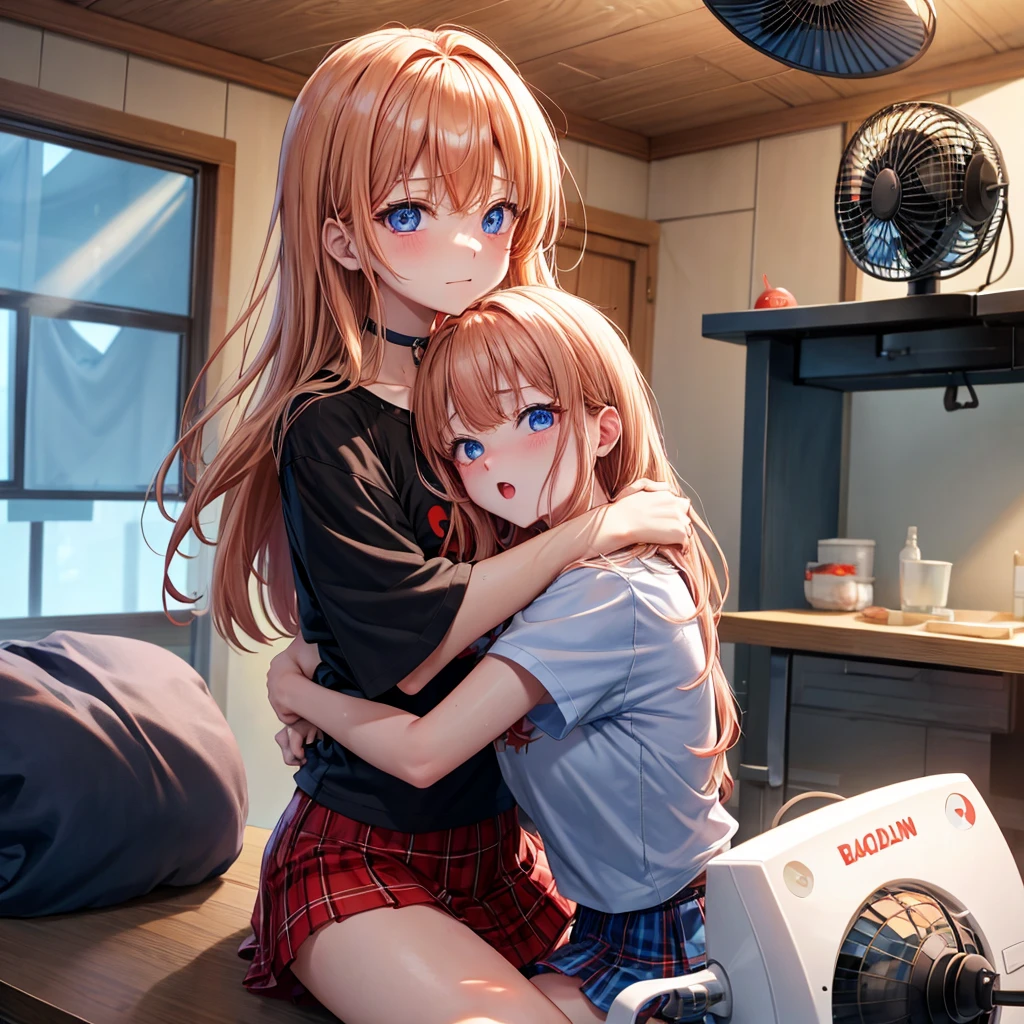red blonde、blue eyess、one good looking girl、独奏、animesque、Plaid miniskirt、Black T-shirt、the woods、Sunlight、inside in room、Gah、Frolicking、electric fan、Hugging、ah、being sloppy
