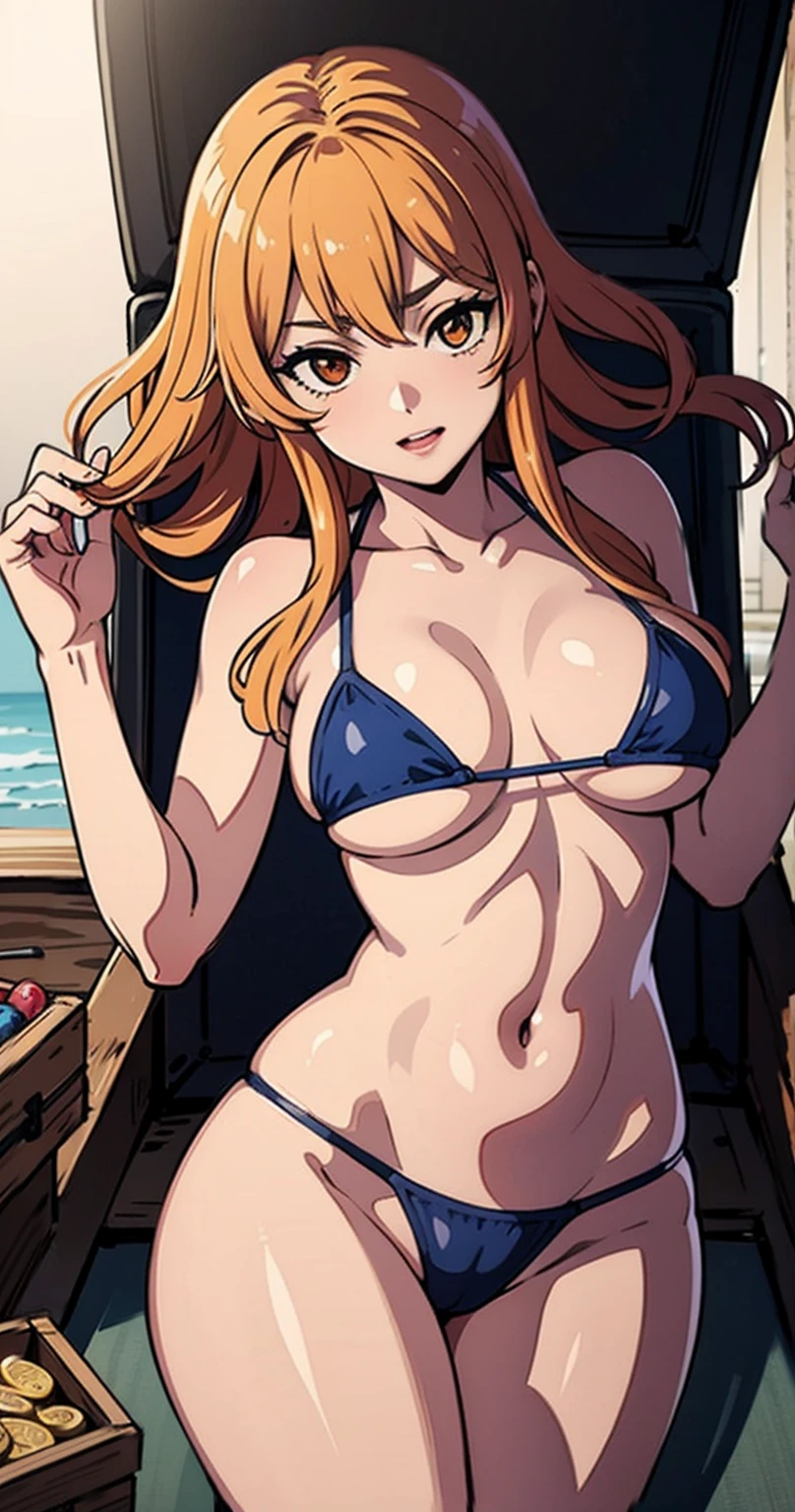 Very beautiful Nami (A piece of), Subtle makeup, kinakoen hour, realisticlying, hight contrast, 8K high-definition, Detailed pubic hair, hyper-Detailed pubic hair, realisticlying的皮肤纹理, orange long hair, Bikini tops only, blue thongs, Bigchest, Best quality at best, 超高分辨率, RAW photogr, dramatic lights, unreal-engine, diffuse glow, En plein air, realistic Detailed pubic hair onep piece pirate ship, Treasure chests, kinako, kinako coins, kinako bars.（ life：1.4）