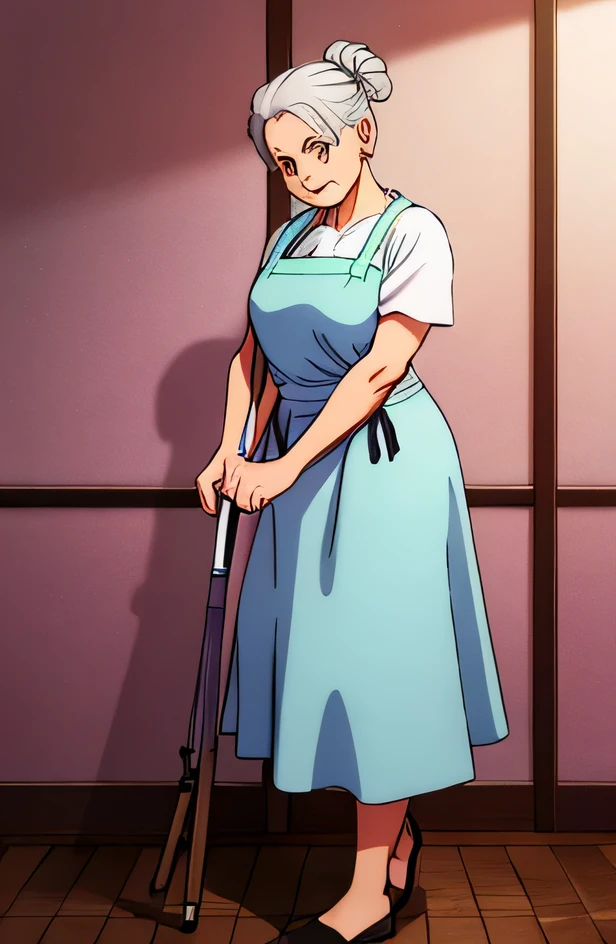 An Old age woman with whaite hair, She has wrinkles on her face, a bun hairstyle, wearing a grey dress and a White apron, has a Friendly and approachable expressions. She is standing upright with a cane, Place one hand behind your back, and her legs standing together. She had a slight premonition, reflect her age. The environment is a cozy room.
Labels: a grandmother, Old age, whaite hair, Face full of wrinkles, bun hairstyle, grey dress, White apron, Friendly and approachable expressions, Stand on crutches, Place one hand behind your back, legs standing together, Slightly hunched over, cozy room.
Picture quality:
(Best quality at best, 4K, 8K, A high resolution, tmasterpiece:1.2), ultra - detailed, (actual, photoactual, photo-actual:1.37), HighDynamicRange, hyper HD, 演播室lamplight.
art-style:
sportrait, comfortable atmosphere.
shades:
暖shades.
lamplight:
The soft, diffuselighting.