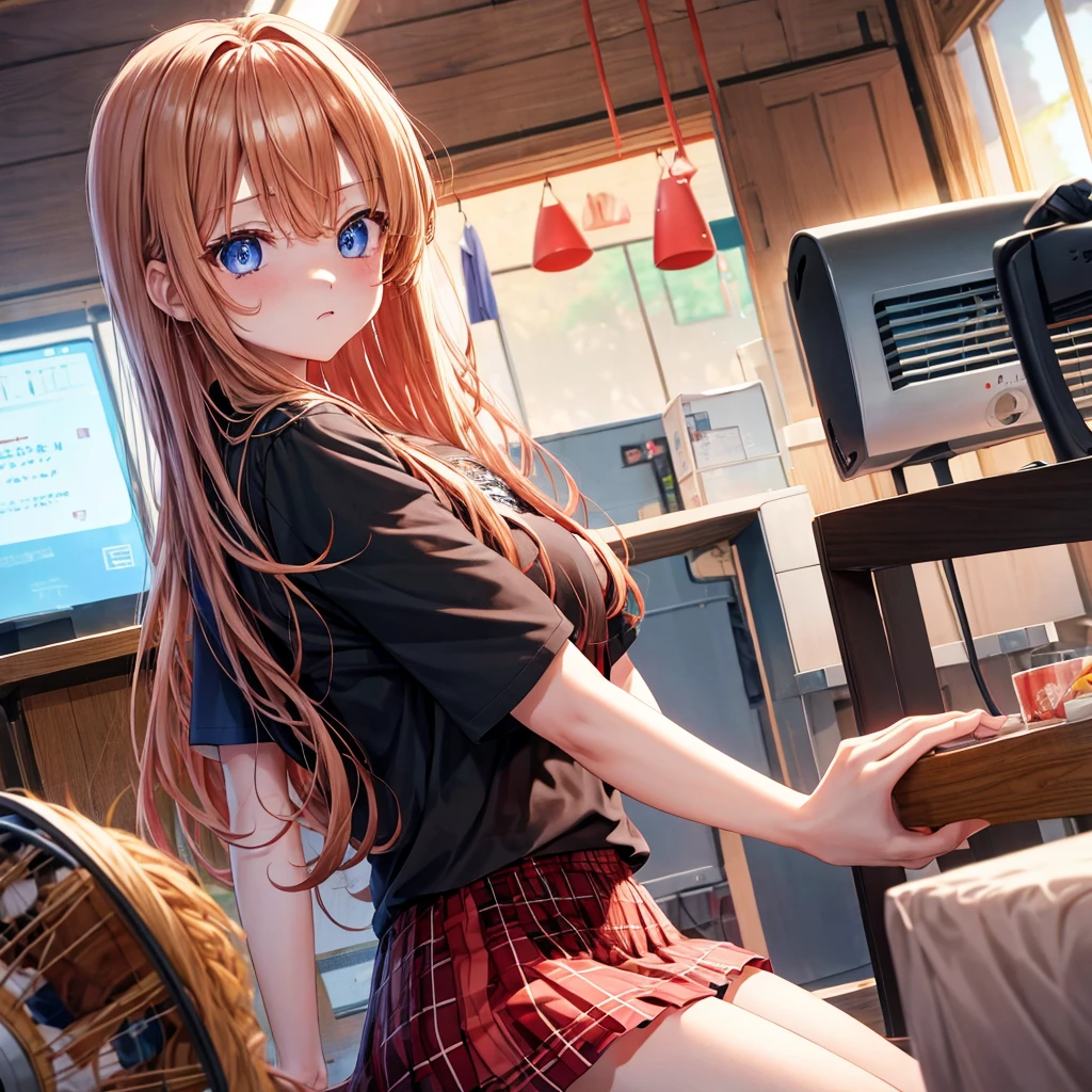 red blonde、blue eyess、one good looking girl、独奏、animesque、Plaid miniskirt、Black T-shirt、the woods、Sunlight、inside in room、Gah、Frolicking、electric fan、Hugging、ah、being sloppy