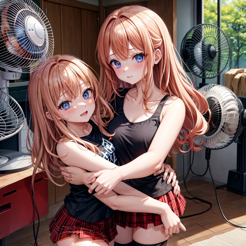 red blonde、blue eyess、one good looking girl、独奏、animesque、Plaid miniskirt、Black T-shirt、the woods、Sunlight、inside in room、Gah、Frolicking、electric fan、Hugging、ah、being sloppy