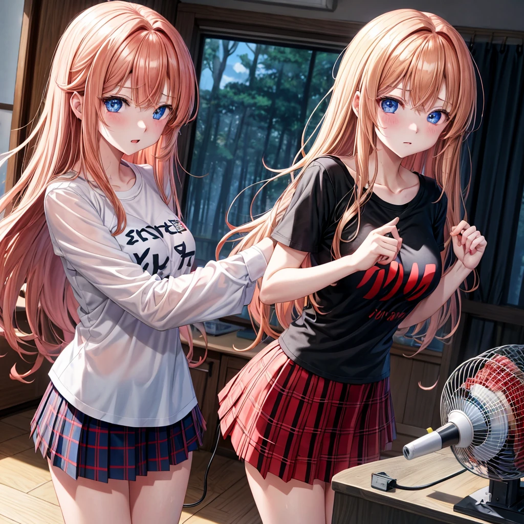 red blonde、blue eyess、one good looking girl、独奏、animesque、Plaid miniskirt、Black T-shirt、the woods、Sunlight、inside in room、Gah、Frolicking、electric fan、Hugging、ah、being sloppy