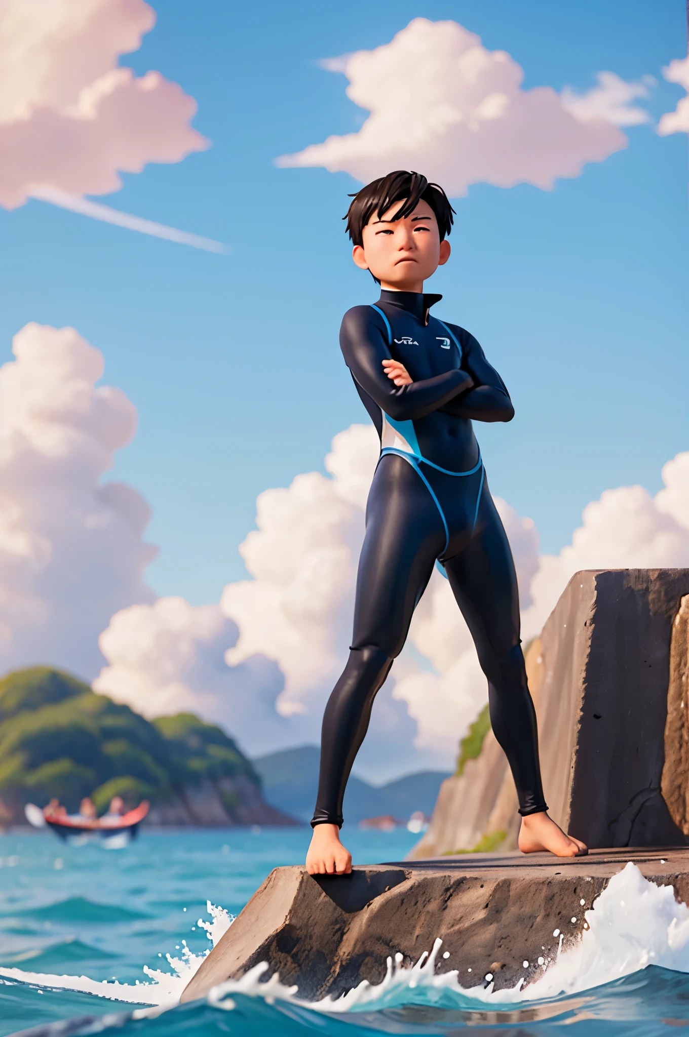 Chinese man hunched over while surfing in swimsuit or wetsuit