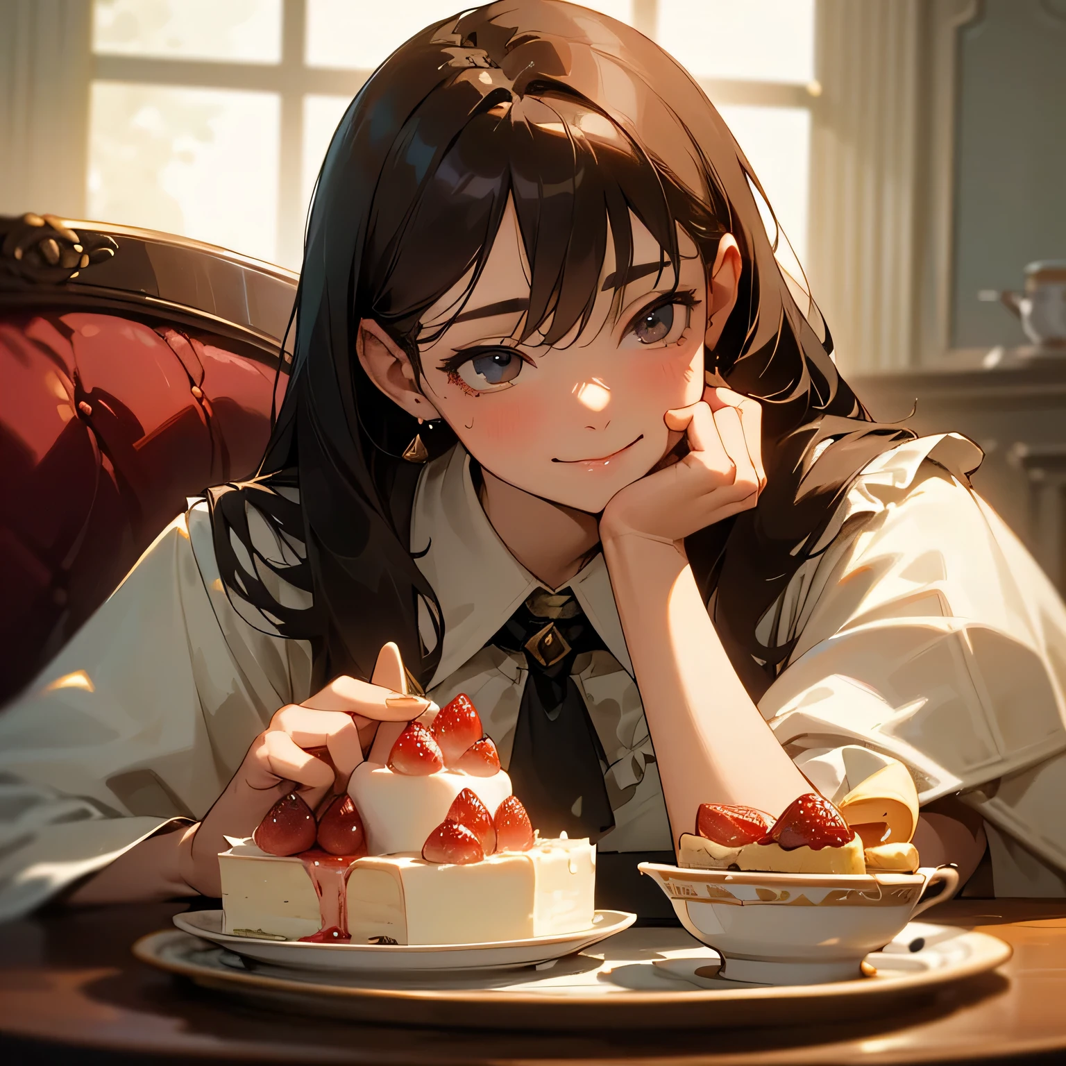 (hight resolution,Realistic)woman eating cake at cafe, (beautifull detailed face,Expressive eyes), (Soft lighting,dreamy ambiance), (Vibrant colors), (Delicious desserts), Cozy interior, (Traditional Wooden Furniture), (Flower Embellishment), (Elegant tea set), (relaxing background music), (friendly waiter), (Enjoy the moment), (Surrounded by the scent of freshly brewed coffee), (Savor every bite), (smiling with pleasure), (perfect cake presentation), (attractive dessert display), (breadcrumbs on a plate), (Satisfactory expression), (carefully selected ingredients), (Flavors that whet your appetite), (Subtle vanilla scent), (Attention to detail), (Luxurious atmosphere), (Timeless elegance), (Culinary pleasure), (peaceful ambiance), (Luxurious moments), (fun experience), (Visual Feast), (A harmonious blend of flavors), (wholesome and decadent), (unforgettable dessert), (Capturing the essence of the cafe experience), (incredible richness and texture), (sublime taste), (It was fun and satisfying), (relaxing afternoon), (elegant and sophisticated), (pieces of cake on the tablecloth), (delicate and sweet), (A piece of joyful happiness).