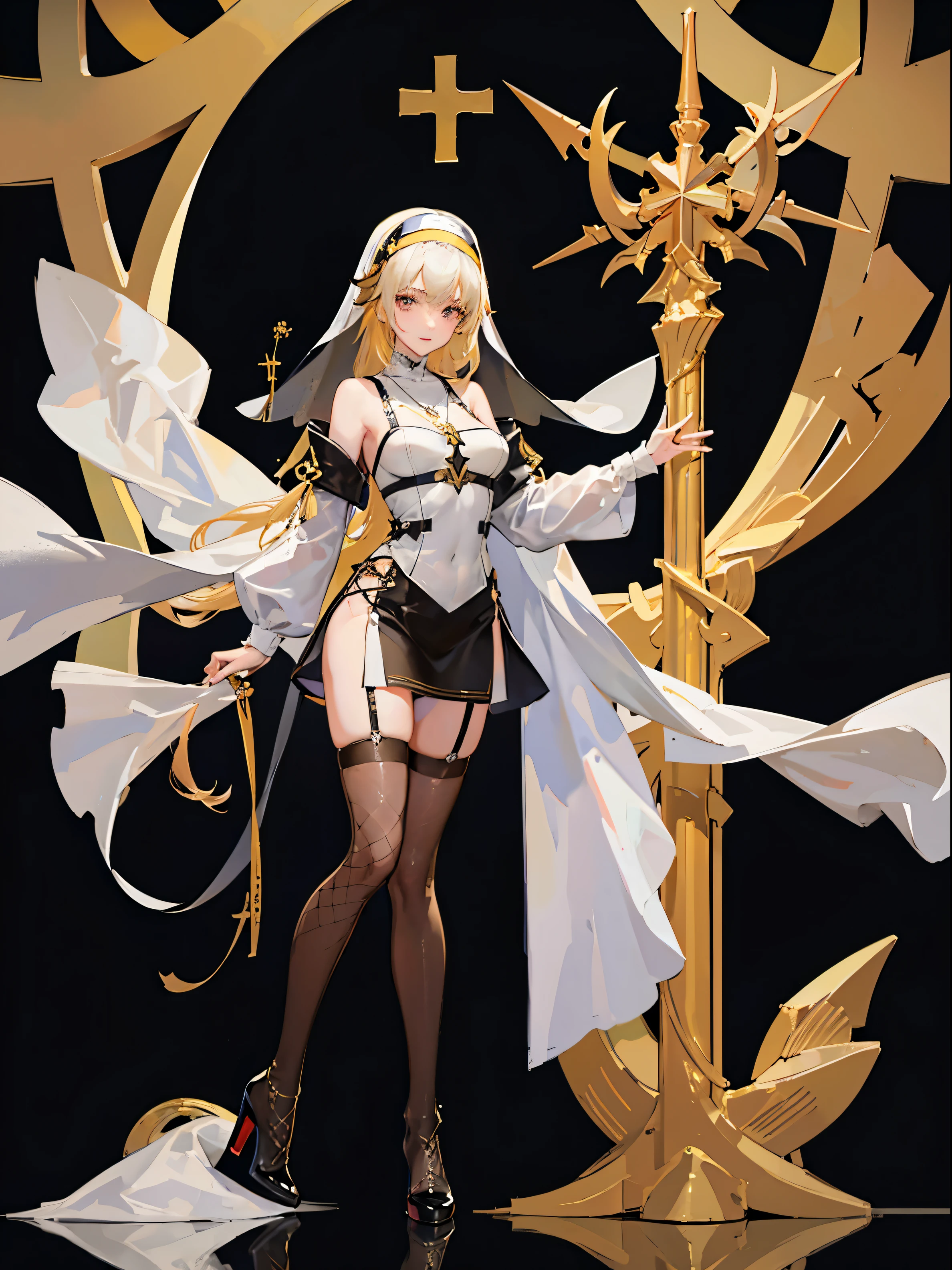 full body shot shot,portrait,solo person,a beauty girl,Hair over the shoulder,Whitish skin tone,lewd nun,Yellow-haired,Ten fingers interlocked,a garter belt,Veil,Fishnet stockings,high heels boots,Monastic uniforms,Cross necklace,side slit dress,V-shaped dress