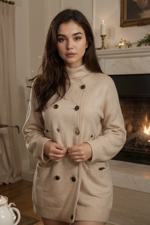 A beautiful arafed girl chooses a chic wool coat with a fur collar, a cashmere sweater dress. A structured handbag adds a touch of elegance. Ambient: The hotel's tearoom is adorned with snowy-themed décor and soft candlelight. Guests enjoy a leisurely afternoon tea, surrounded by the warmth of a crackling fireplace. She has a black silky hair, big brown eyes, beautiful face, bright facial skin, beautiful hand, impressionless, very beautiful Instagram model, realistic image. Dynamic composition, motion, ultra - detailed, incredibly detailed, a lot of details, amazing fine details and brush strokes, smooth