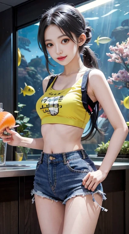 (masutepiece, Best Quality, Detailed, hight resolution), 1girl in, Solo, Indoors, aquarium, Fish, jellyFish, Bubble, Scenery, grin, put hands on the hip,
suigintou, XXXXXX hairband, suspenders, Midriff, Denim shorts, Short shorts, Yellow shirt, Sleeveless, croptop, doll joints, pokeball, holding pokeball