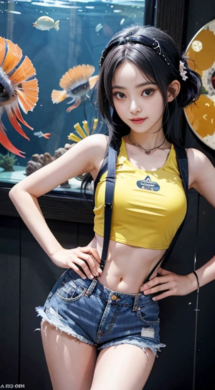 (masutepiece, Best Quality, Detailed, hight resolution), 1girl in, Solo, Indoors, aquarium, Fish, jellyFish, Bubble, Scenery, grin, put hands on the hip,
suigintou, XXXXXX hairband, suspenders, Midriff, Denim shorts, Short shorts, Yellow shirt, Sleeveless, croptop, doll joints, pokeball, holding pokeball