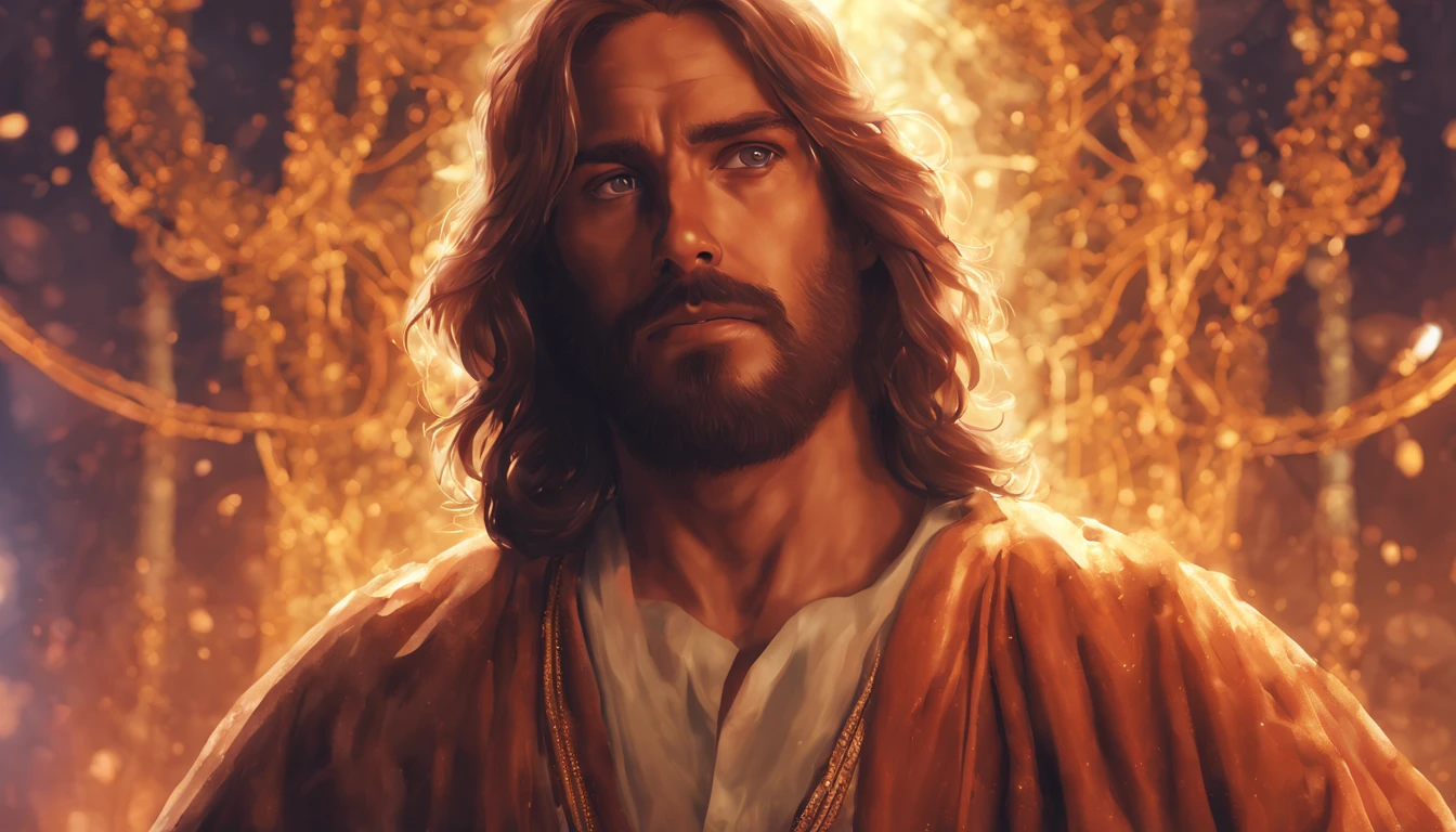 Jesus Christ, Handsome man, gorgeous faces, View in 4K, Energetic brushwork, An intricate piece of sinister art, Cinematic poster, Golden ratio, CGsociety trend, difficult, epicd, From Altgelm, Ilya Kuvshinov, Greg Rutkowski, Alphonse Mucha, highly detailed bright, Staged character rendering, Ultra high quality model, Handsome face, Bokeh background