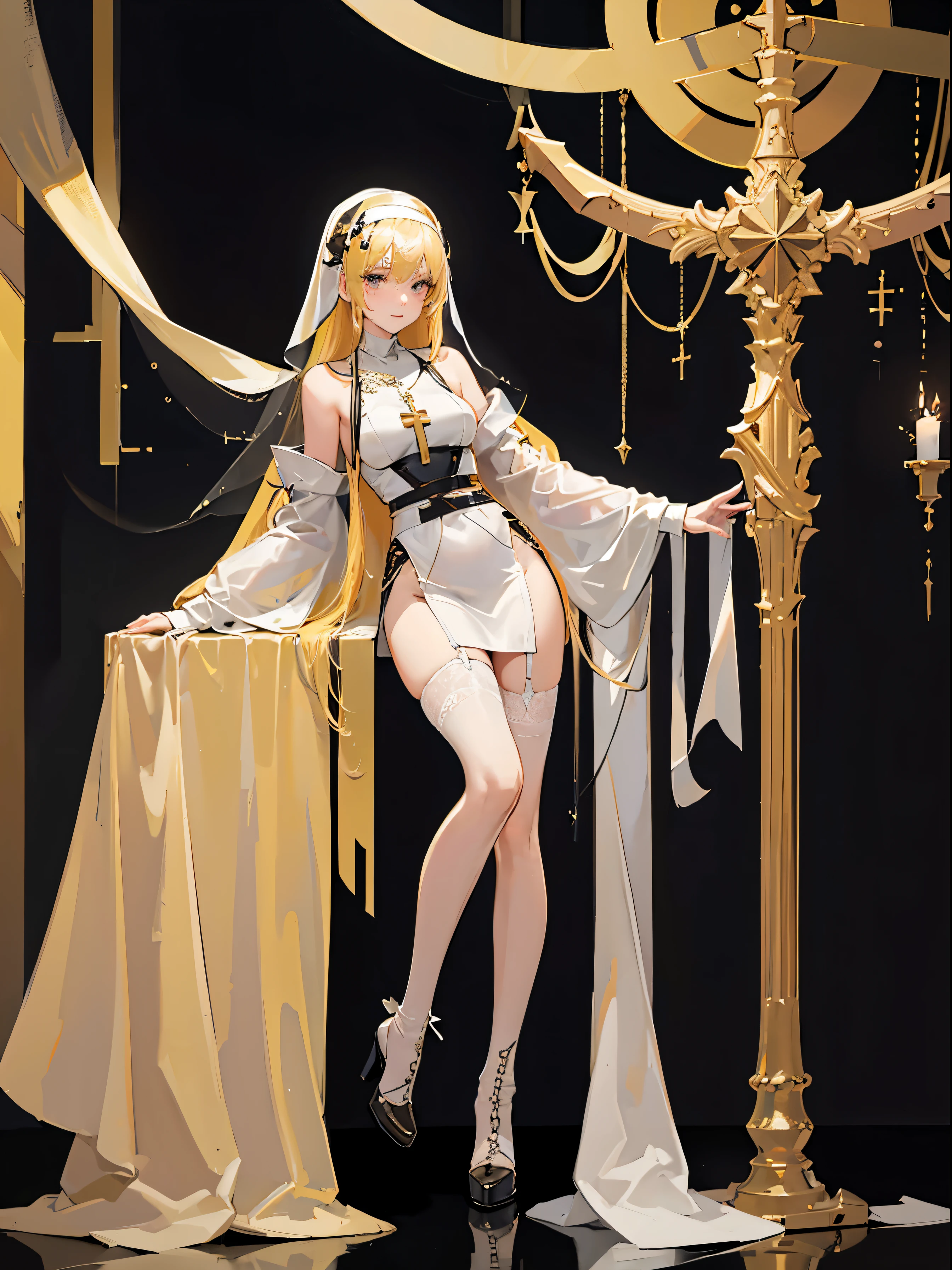 Fulll body Shot,sportrait,the only person,A beautyful girl,Hair over the shoulder,Whitish skin tone,Horny nuns,Yellowhair,Ten fingers intertwined,a garter belt,veils,fishnet stockings,high heels boots,monk clothing,cross necklace,side slit dress,V-shaped dress,long skirt