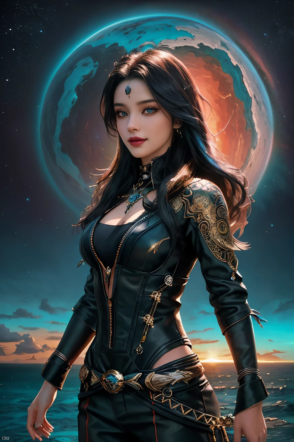 🏝️🦈🔬 Revelations Colorful UHD Photo realistic high resolution Stunningly beautiful goth woman, goddess with wicked gorgeous intricately detailed eyes, perfect body in every way, smiling seductively in a beautiful colorful cosmic galactic tropical sunset scenery, The color palette is a captivating blend of colors, creating a striking contrast that instantly captures the imagination. The character portrayed possesses an irresistible charisma, their presence enhancing the overall allure of this artwork. Displaying impeccable quality, this visually stunning image evokes a sense of wonder and captivates the viewer's imagination, unreal engine 5, octane render. Art by Supersquirrelstudios.com