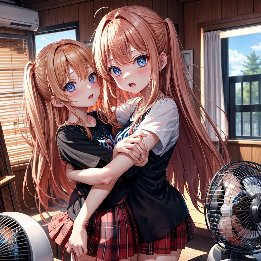 red blonde、blue eyess、one good looking girl、独奏、animesque、Plaid miniskirt、Black T-shirt、the woods、Sunlight、inside in room、Gah、Frolicking、electric fan、Hugging、ah、being sloppy