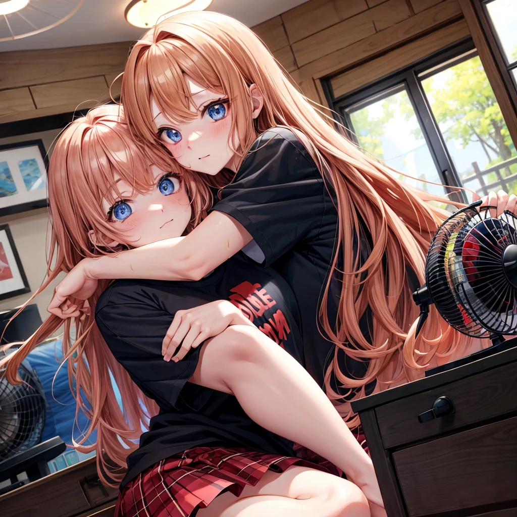 red blonde、blue eyess、one good looking girl、独奏、animesque、Plaid miniskirt、Black T-shirt、the woods、Sunlight、inside in room、Gah、Frolicking、electric fan、Hugging、ah、being sloppy